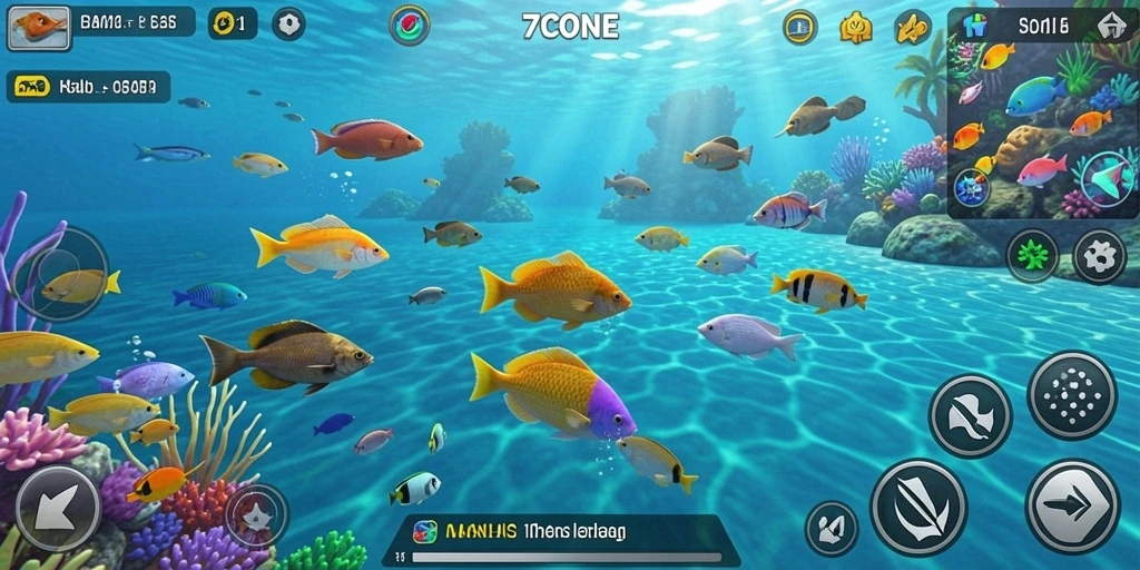 Tampak layar gameplay 7CONE dengan aksi Tembak Ikan yang seru.