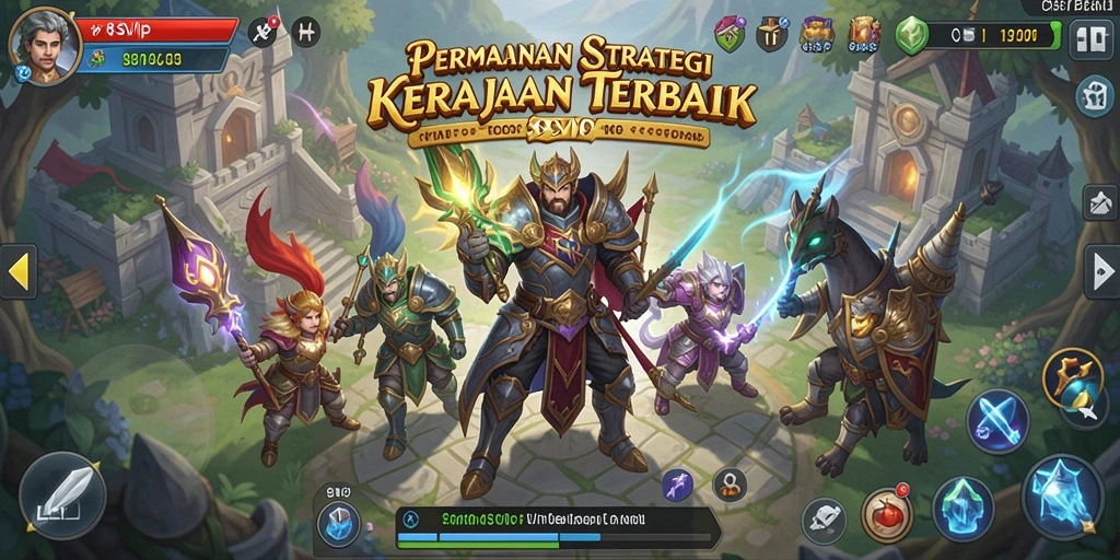 Tampilan gameplay epik di <strong>8SVIP</strong>, menampilkan pejuang dan bangunan megah.