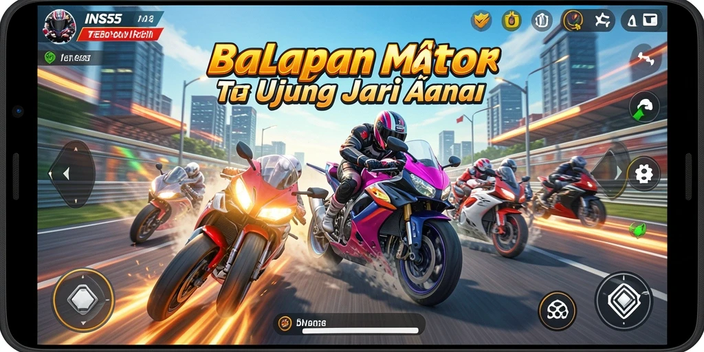 Screenshot gameplay <strong>INS55</strong> yang menunjukkan adu balap motor yang seru.