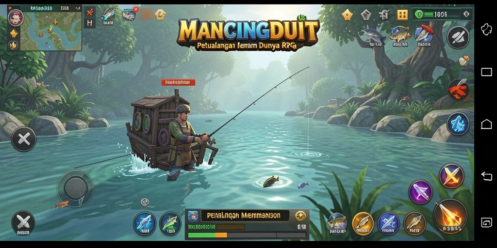 Tampilan gameplay MANCINGDUIT dengan karakter utama sedang memancing di danau.