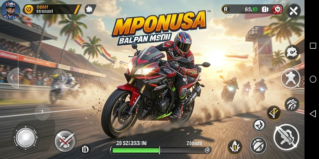 Tampilan dinamis gameplay MPONUSA dengan aksi balap motor yang mendebarkan.