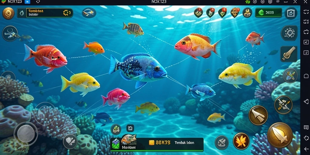 Tampilan gameplay seru dalam NOX123 yang penuh warna atau ikan.