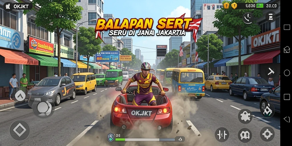 Tampilan gameplay OKJKT yang menegangkan dengan mobil-mobil balap di jalanan Jakarta.