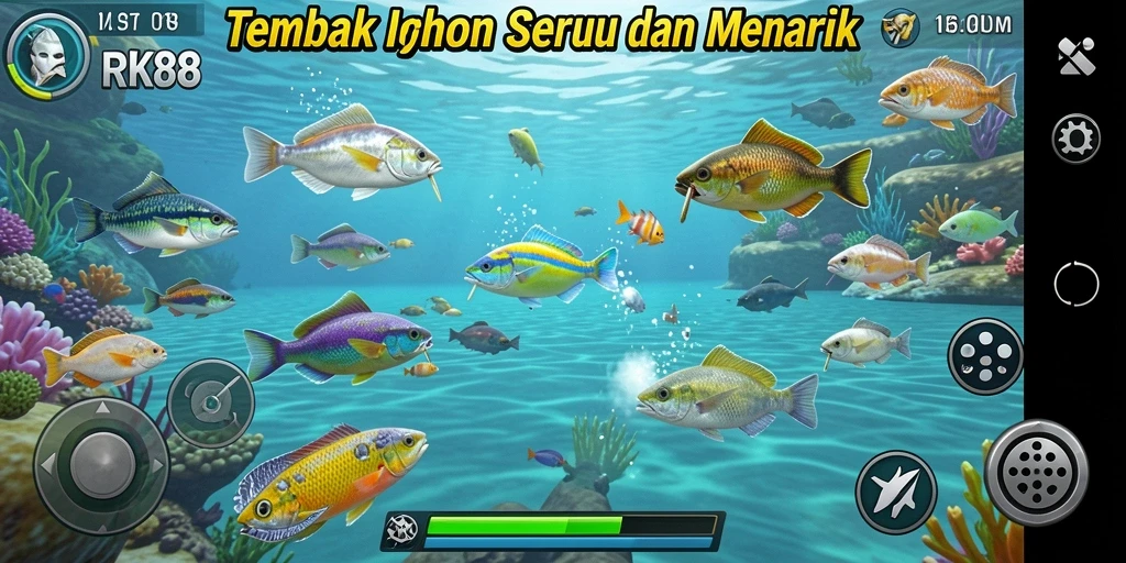 Screenshot utama RK88 menampilkan aksi seru menembak ikan di lautan.