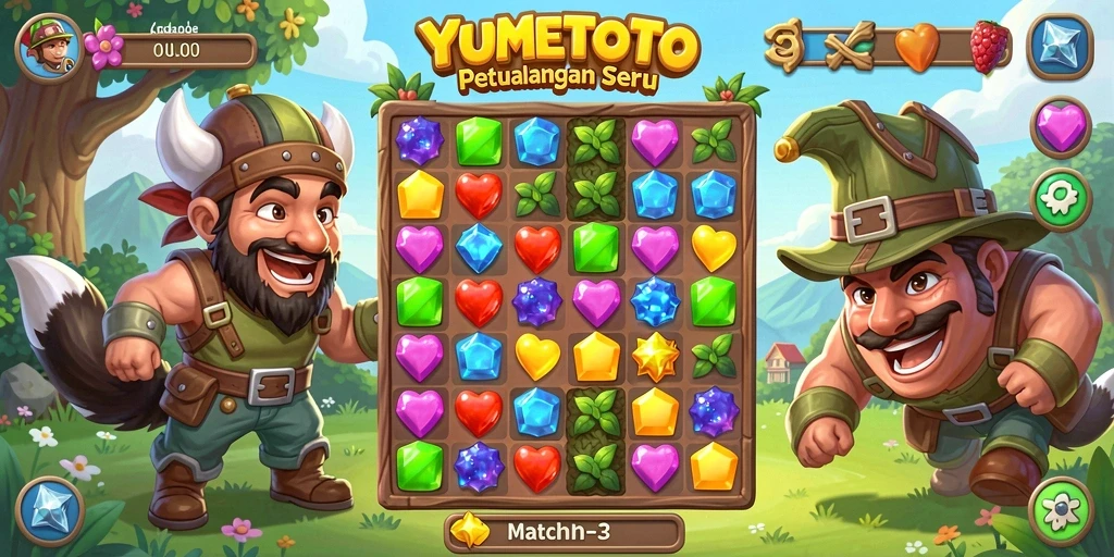 Screenshot YUMETOTO menampilkan gameplay Match-3 yang seru.